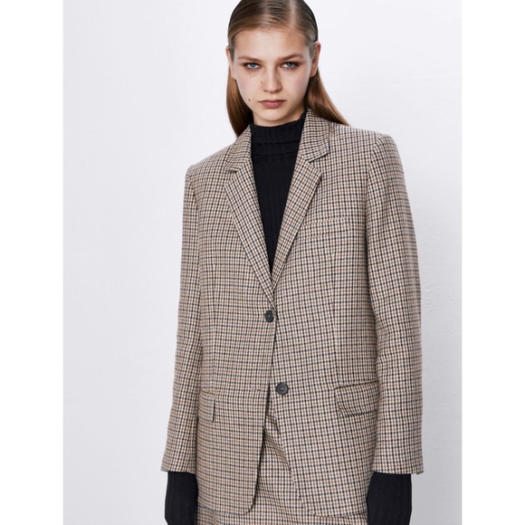 Zara Houndstooth Plaid Oversized Blazer 